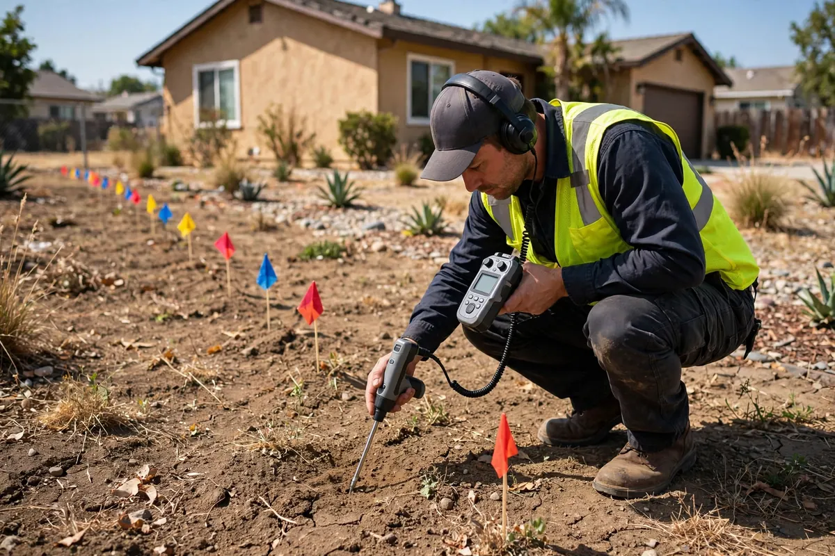 Technician locating an underground water leak in Perris, CA
